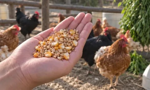 Mano con granos de maíz y trigo para las gallinas