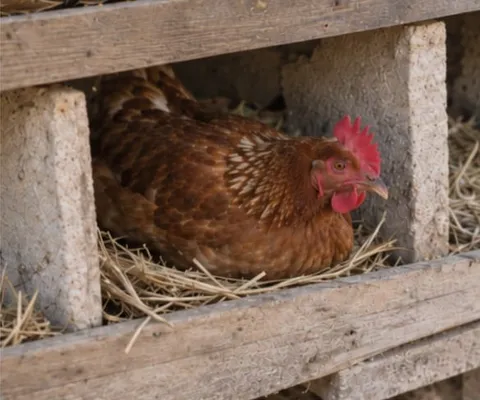 Gallina criolla en su nido de paja